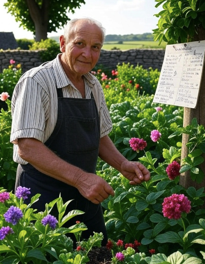 Calendrier coloré du jardinier breton avec légumes de saison, climat océanique et paysage de côte bretonne - illustration ludique des 12 mois